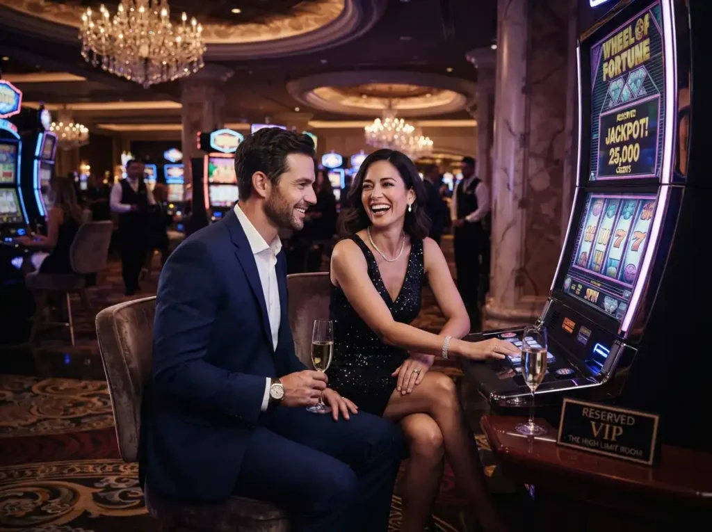 Couple enjoying a VIP slot machine experience at a luxury physical casino inspired by the excitement of Philwin Games.