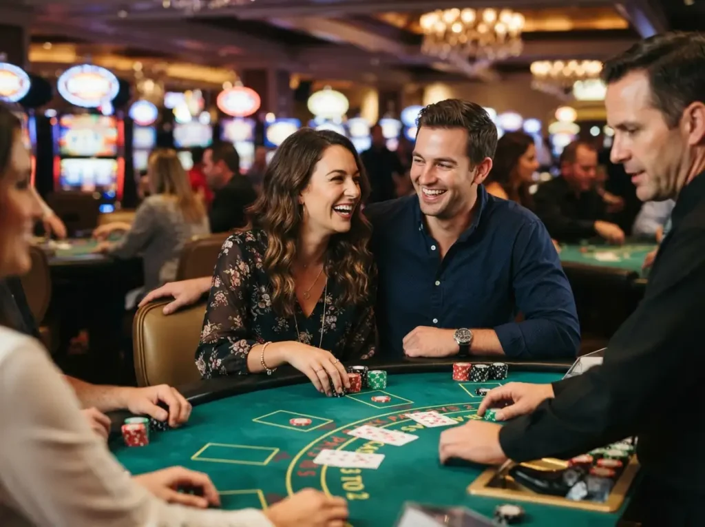 Couple smiling while playing table games at a physical casino, inspired by the exciting entertainment of Voslot Bet.