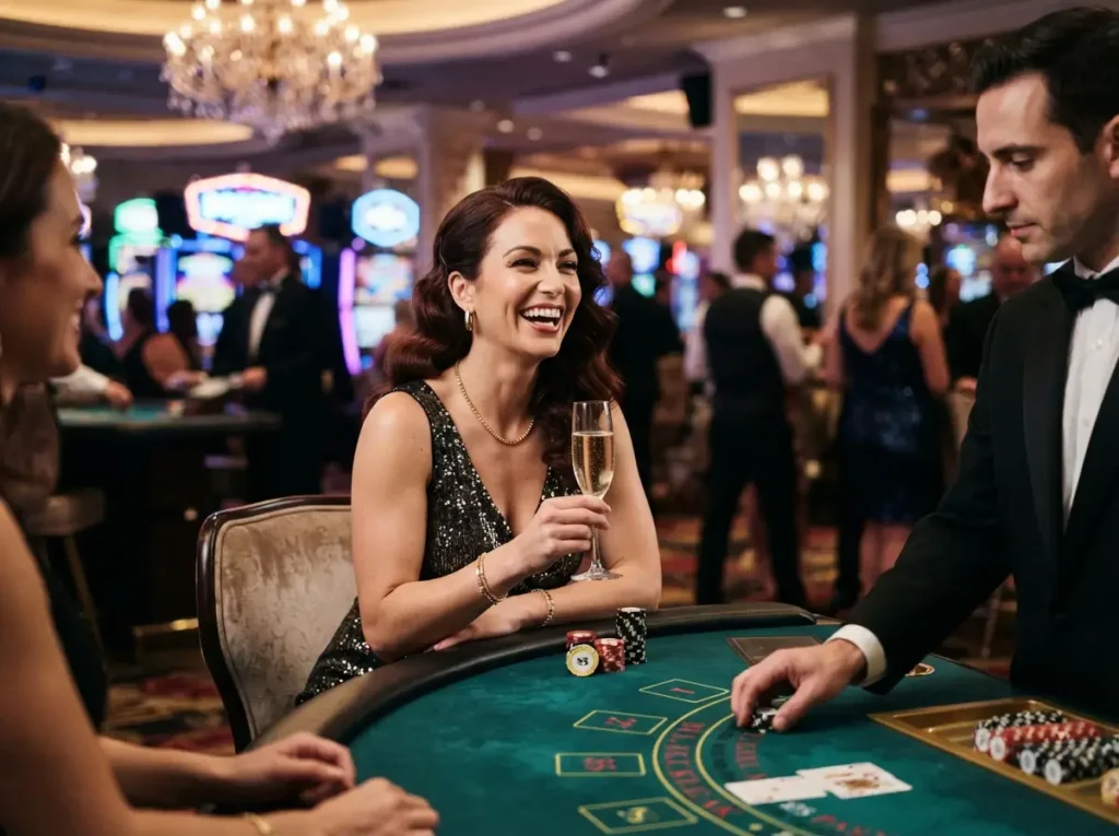 Woman enjoying a fun night at Mega Panalo Casino while playing games in a stylish casino setting.