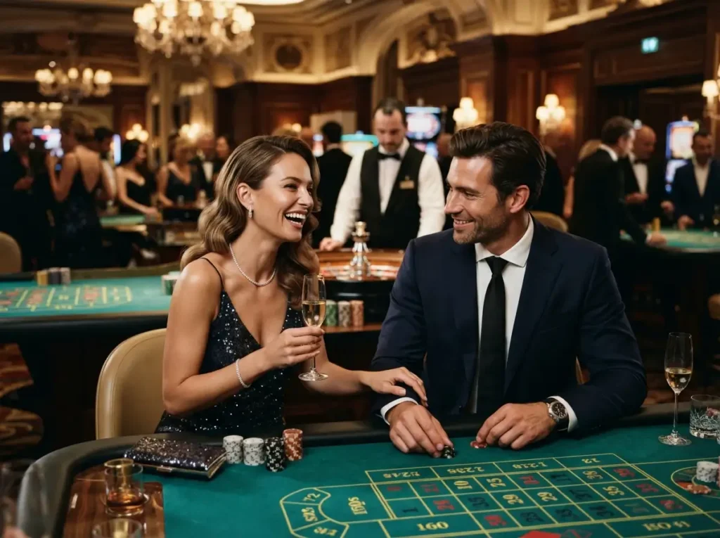 Couple enjoying a luxury casino date night at a premium gaming venue, inspired by the exciting entertainment of fafa855.
