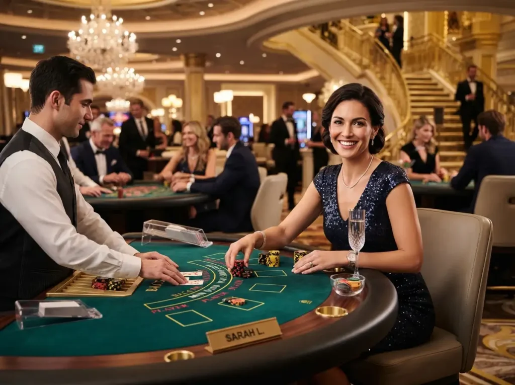 Female player enjoying a luxury casino experience inside a physical casino inspired by fafa855 entertainment.