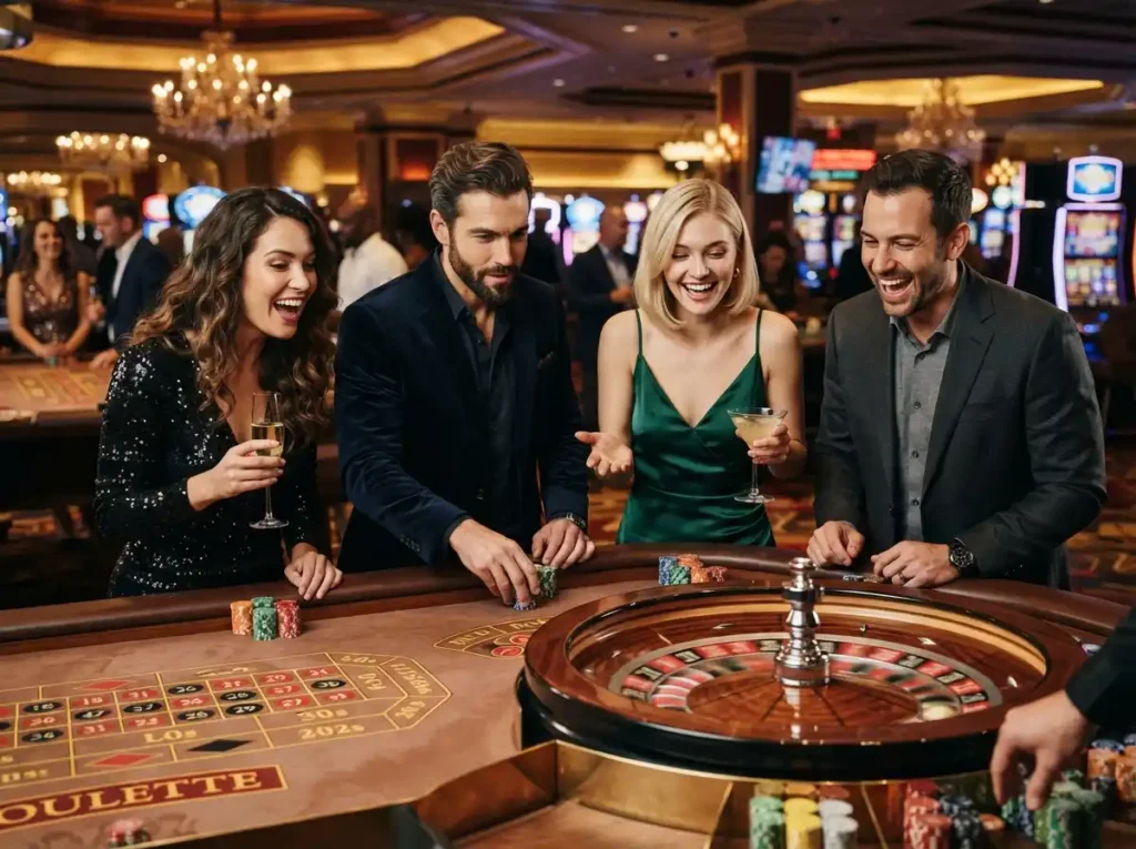 Stylish friends enjoying casino games in a luxury casino, inspired by the exciting entertainment of fafa855.