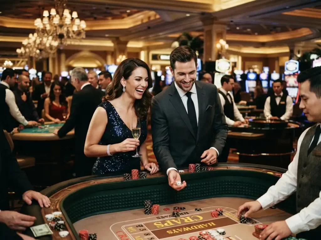 Couple enjoying a luxury casino date night inspired by the excitement of lodibet online casino.