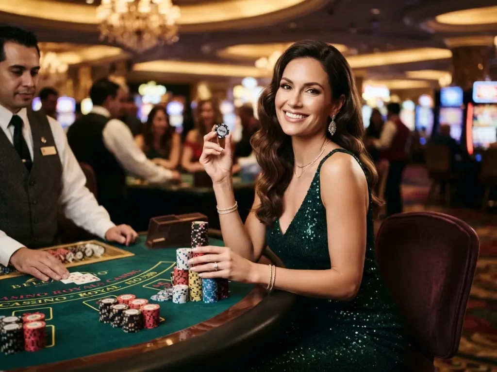 Elegant woman holding casino chips and smiling inside a luxury gaming venue with Phil168 PH