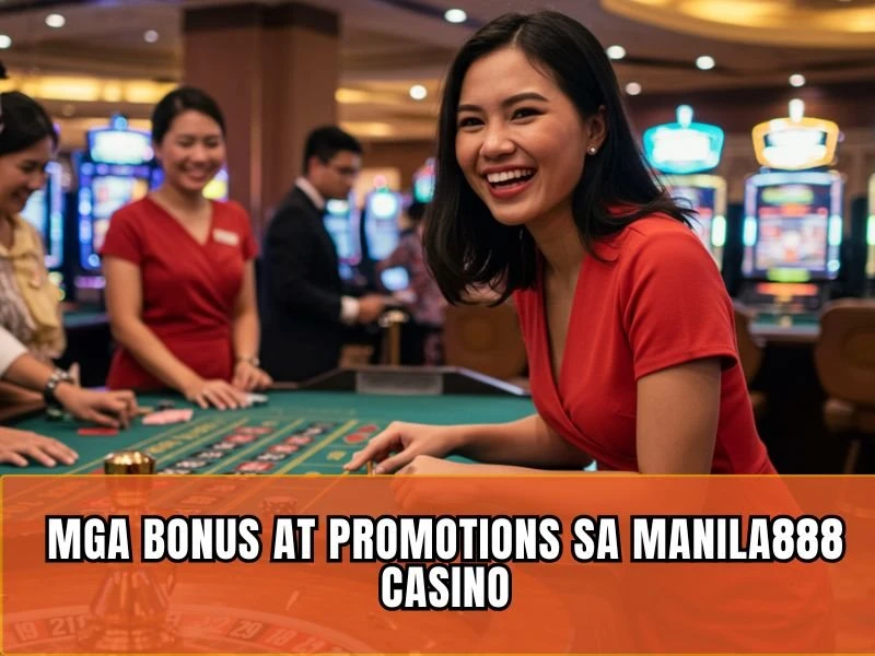 Woman enjoying games and exploring Manila888 Casino bonus offers in a bright casino setting.