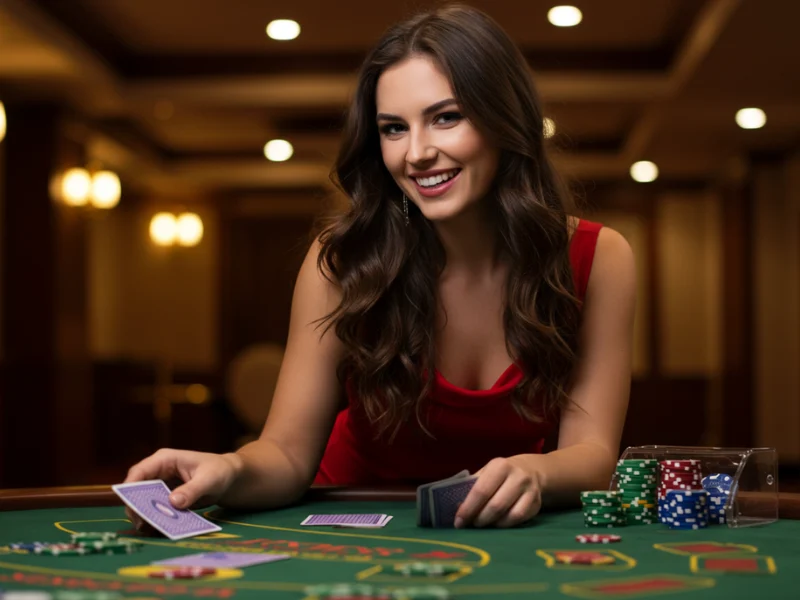 A woman tries her luck at the casino blackjack table, using guidance outsourced in Tagalog.