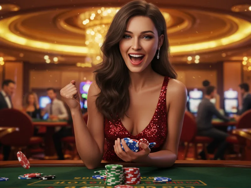 A thrilled casino winner poses after scoring big, celebrating the essence of mangyari in english.