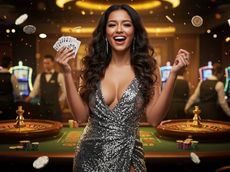 A real woman enjoys a huge win at a casino, radiating joy and luck — mangyari in english.