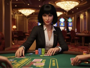 A group of players engaged in a lively game at the casino tables, themed around outsourced in Tagalog.