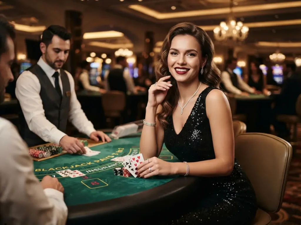 Glamorous woman smiling at the camera while enjoying a casino table, sharing poker game tips for new players