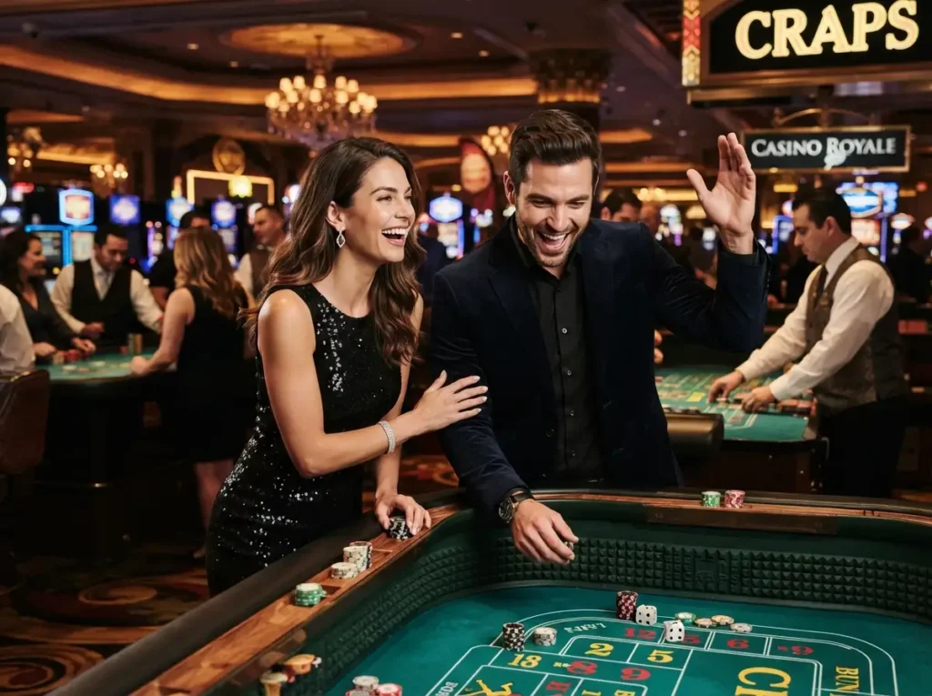 Stylish couple enjoying a casino night while using poker game tips during a friendly poker session