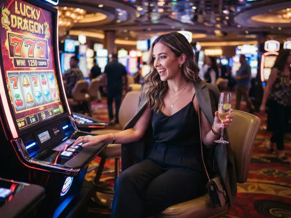 Stylish female player enjoying a slot machine while exploring poker game tips inside a modern casino.