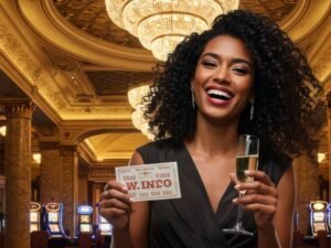 Elegant woman holding an ID card and a drink inside a luxurious casino, highlighting the role of Buenas PAGCOR GEL in gaming careers.