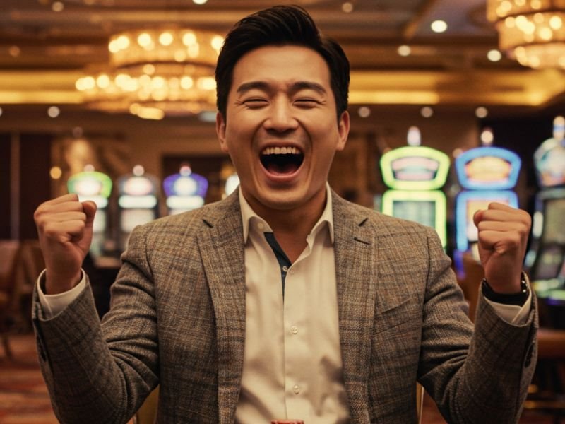 Excited man in a suit raising his fists in victory at a casino, showing the advantages of Buenas PAGCOR GEL for gaming workers.