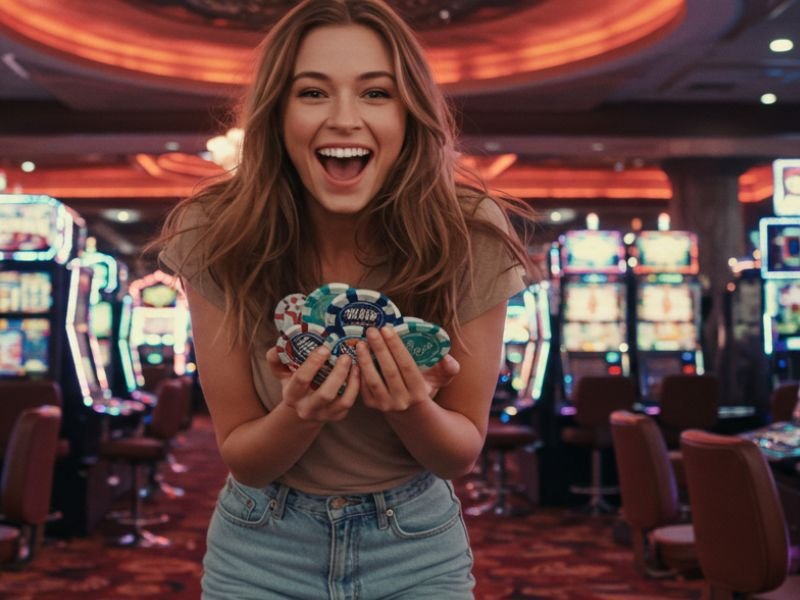 Happy woman celebrating in a casino while holding chips, symbolizing career success through Buenas PAGCOR GEL.