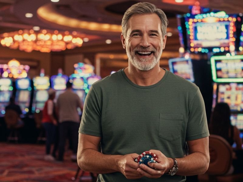 Smiling man holding casino chips inside a gaming hall, representing legal employment opportunities with Buenas PAGCOR GEL.