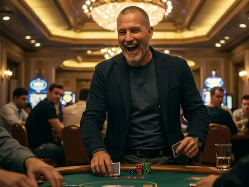 Confident old man ready to win in a card game at the casino with acewin