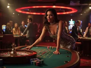Hot Black girl hosting a roulette game in a casino with Buenas Online Gaming experience