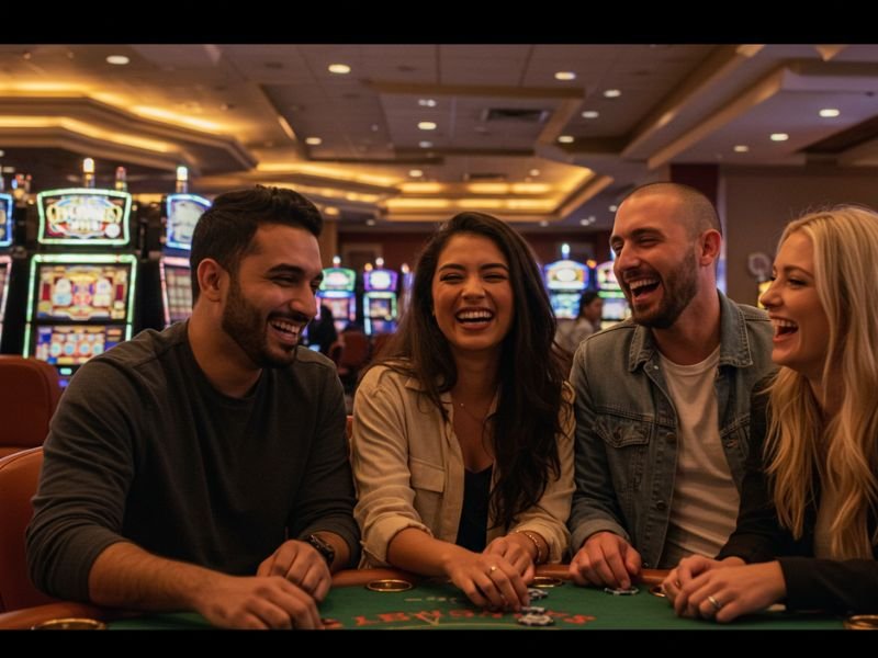 Friends enjoying casino games together at Bwenas 99 with a lively and fun atmosphere.