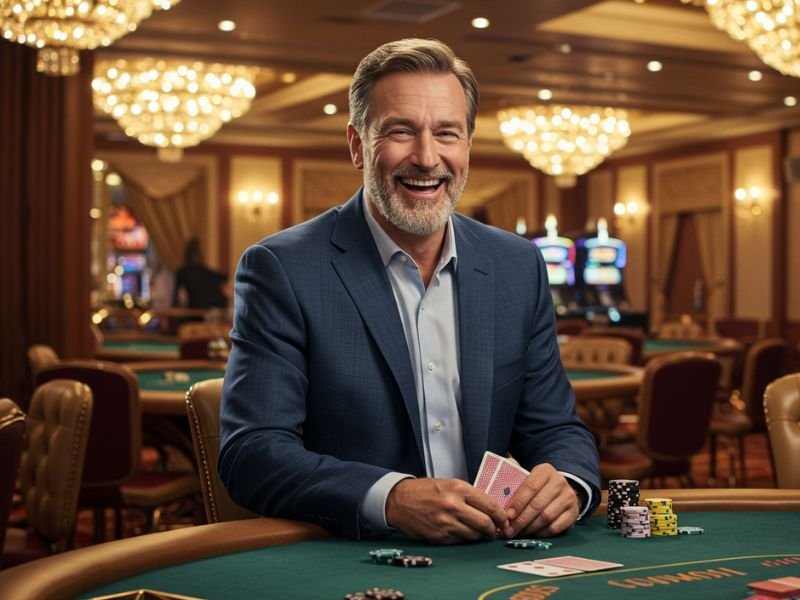 Old man smiling at the camera while playing in Bwenas 99 casino games.