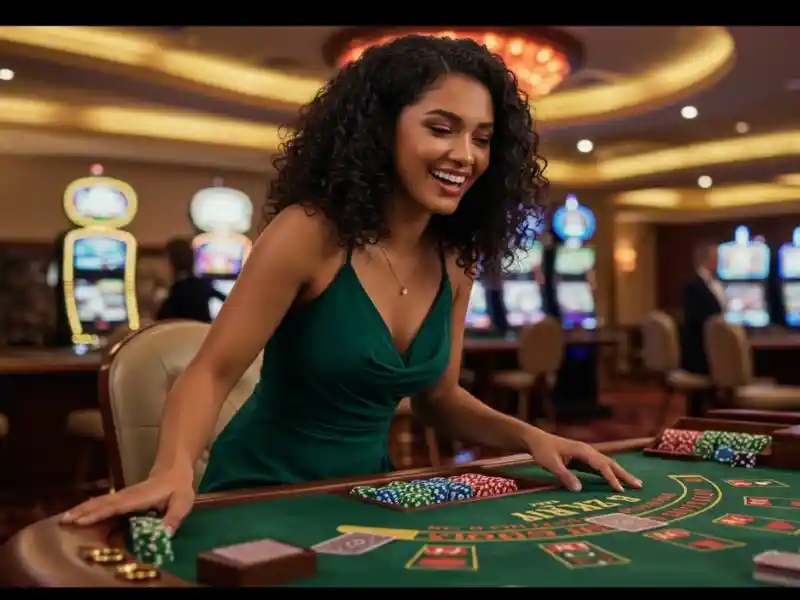 Black girl enjoying betting experience at Bwenas Casino Gaming tables.