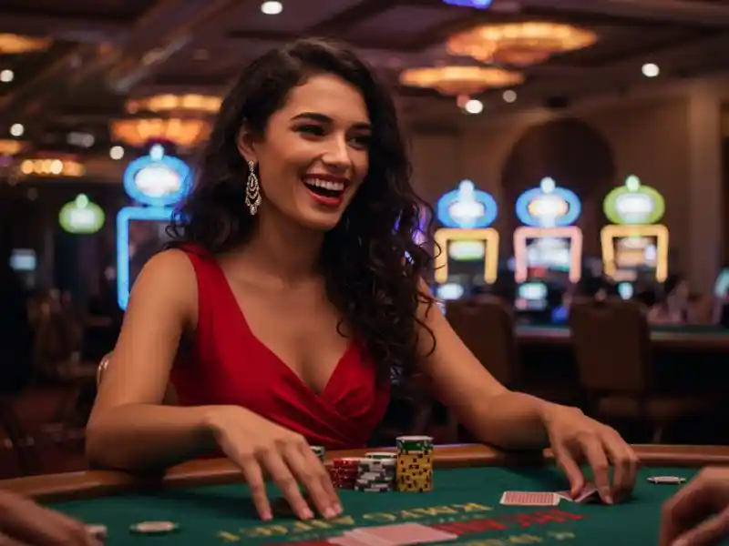 Red-dressed girl smiling while playing cards at Bwenas Casino Gaming table.