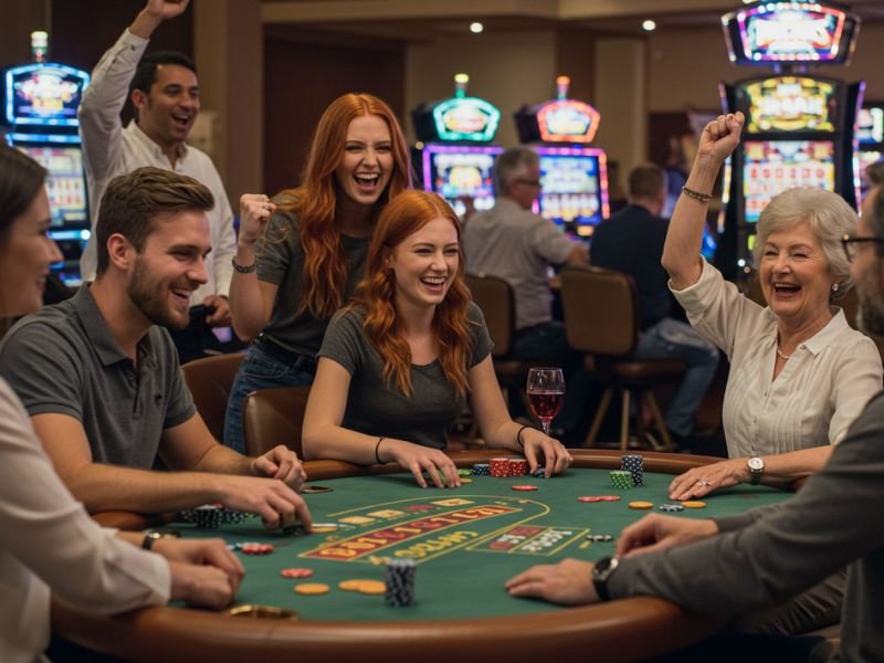 Friends enjoying a fun night at a bwenas casino, smiling and playing together.