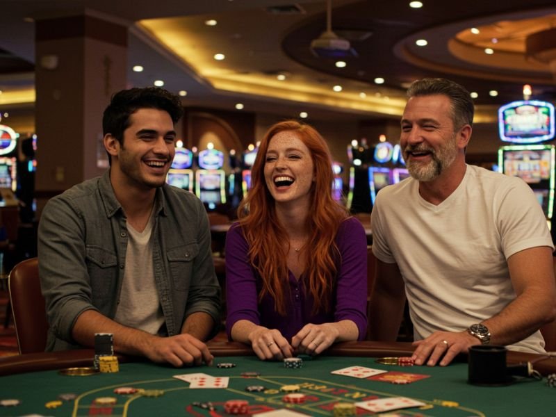 Happy bwenas girl enjoying her winning moment while playing in a lively casino.