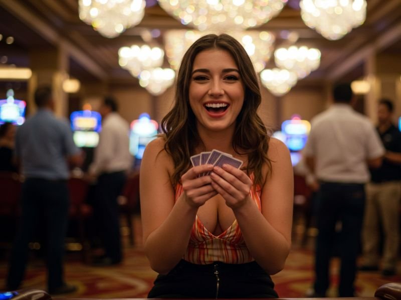 Bwenas girl smiling happily while playing cards inside a lively casino.
