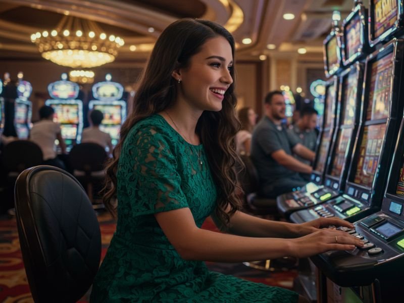 Girl happily playing games in a casino while enjoying the excitement of gamex Online.