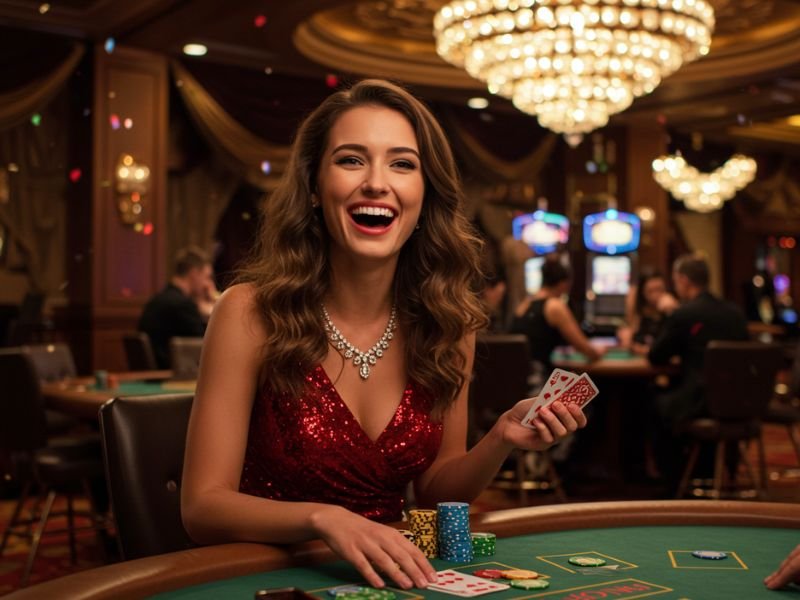 Gamex Online girl in red dress smiling while hosting a live casino game