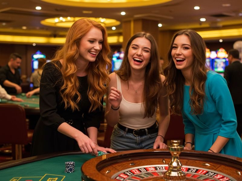 Three girls enjoying and smiling while playing a color game at the casino in Gamex Online.