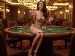 GameZone Casino Online girl showcasing and holding playing cards inside a vibrant casino setting.