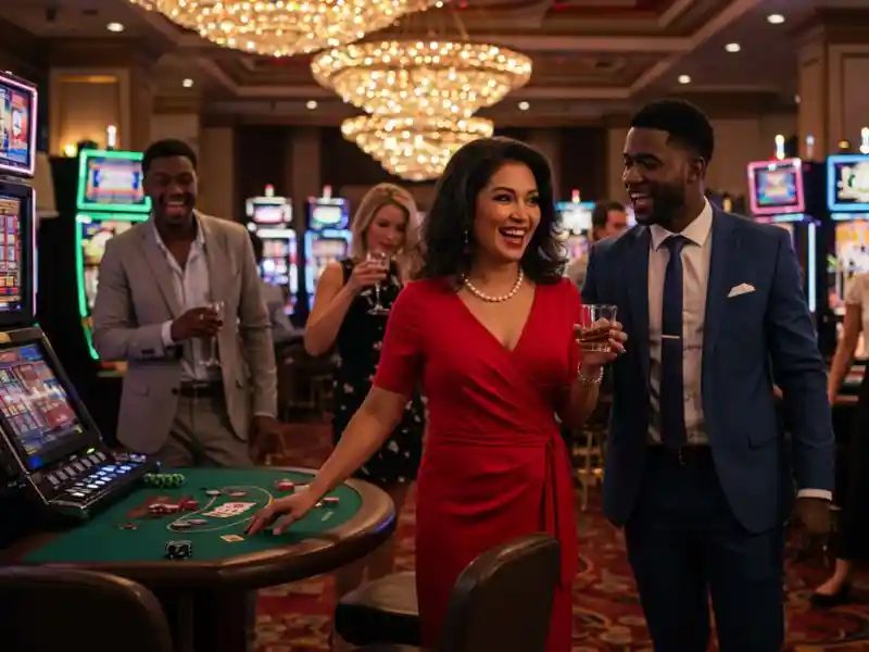 Red-dressed girl enjoying a drink while playing at GameZone Casino Online.