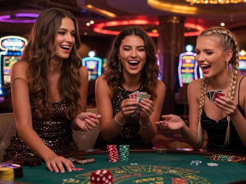 Gel ID PAGCOR girls happily playing in a vibrant casino setting.