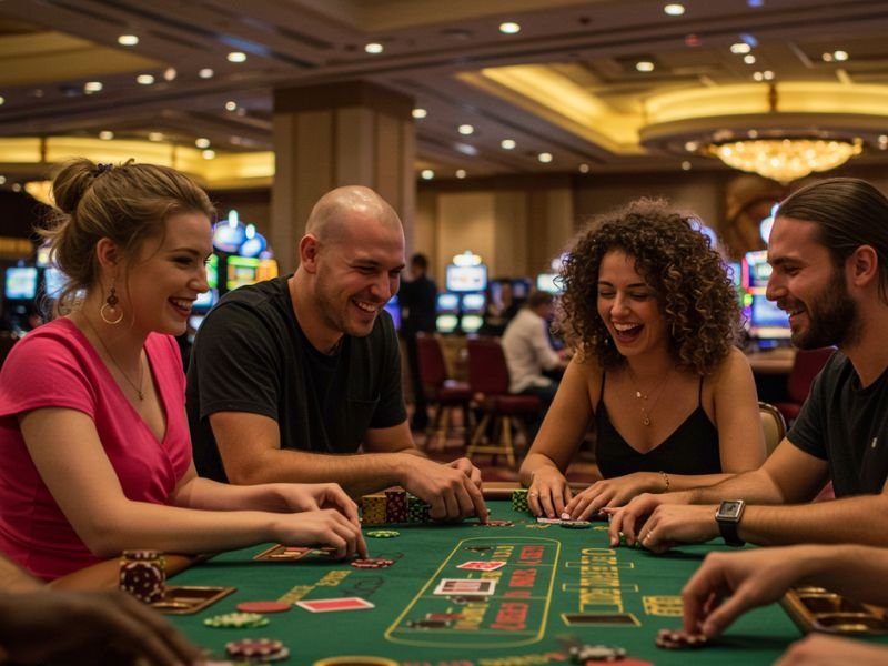 Bald man and his friends playing cards in a casino with excitement, highlighting http gel pagcor experience.