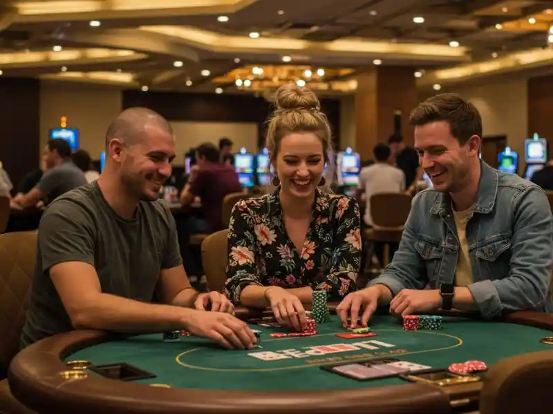 A bald man happily playing in a casino with his friends at Mega Sports World.