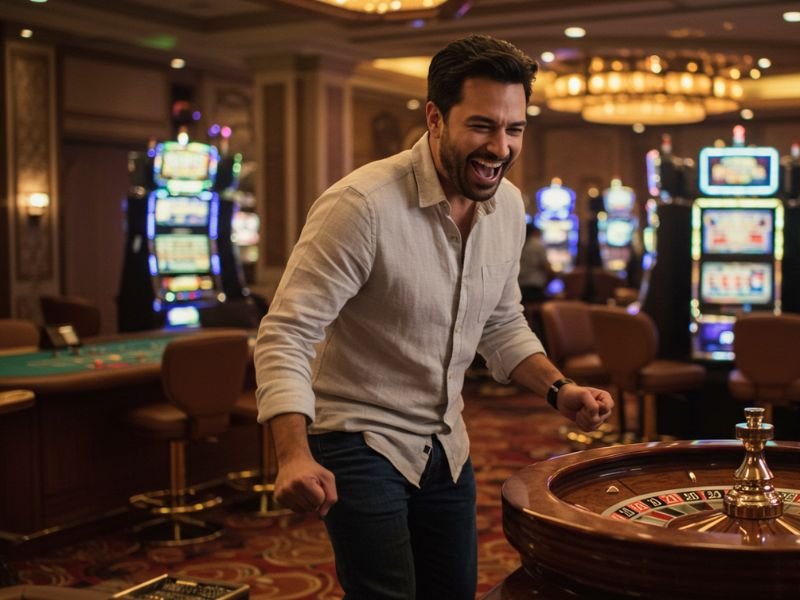 Happy man celebrating a big win inside a casino at olympus ph.