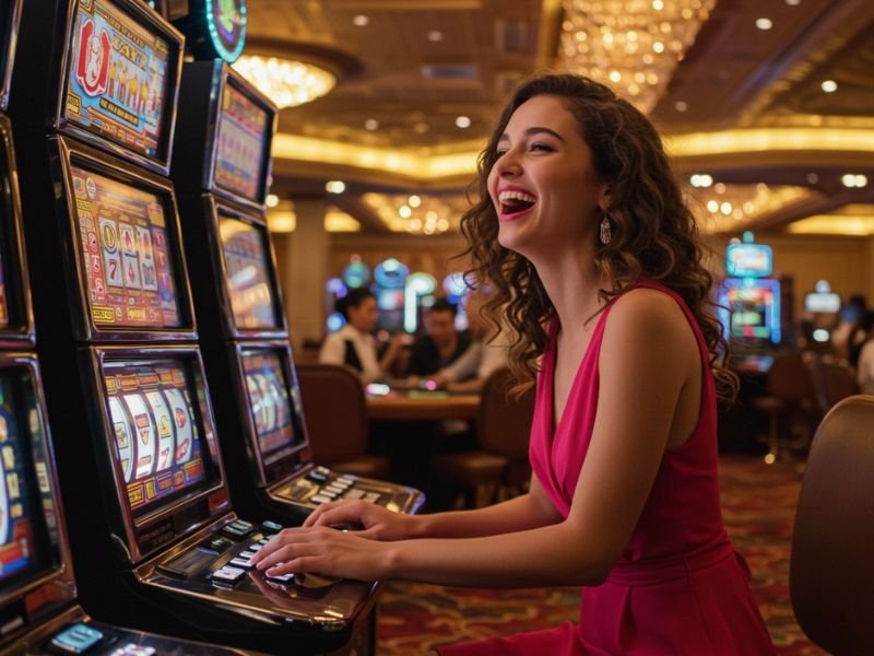 Young woman enjoying casino games with friends at Olympus Ph Online.