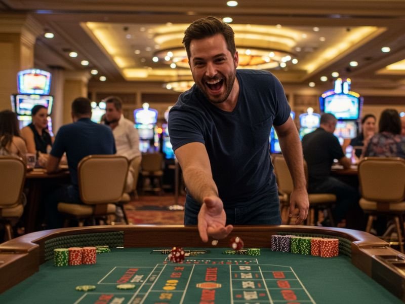 Man rolling dice at a casino table while playing Olympus Ph Online games.