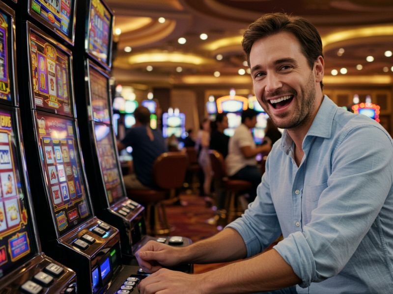 Man smiling on camera while playing games in casino at Olympus Ph Online.