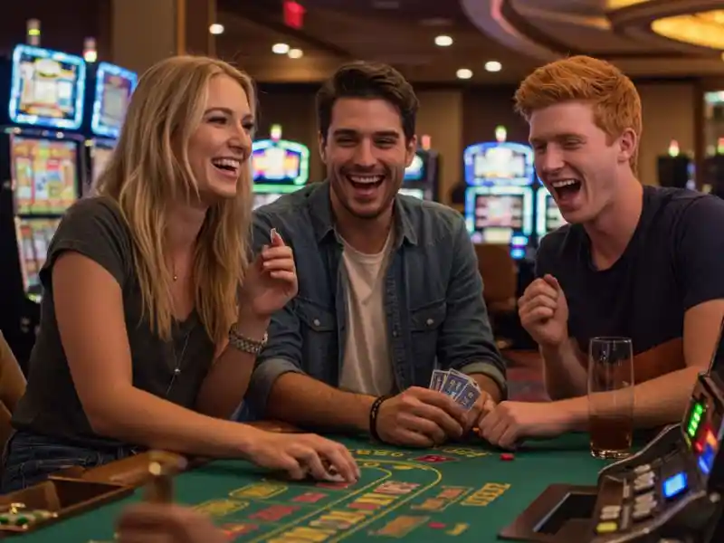 Two friends enjoying cards and drinks at a casino featured in the Pagcor Portal