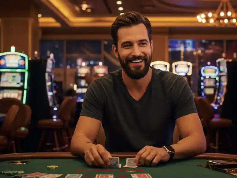 Man concentrating on his opponent while playing cards at Peso Casino 888