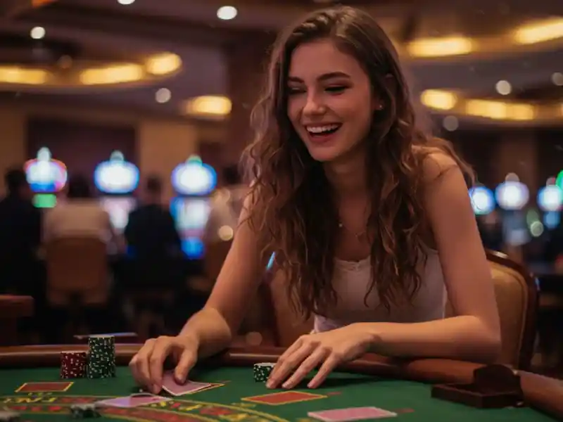 Happy woman enjoying a casino game while following a poker guide, placing bets confidently.
