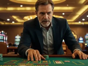 Old man concentrating seriously while playing poker, learning strategies from a poker guide.