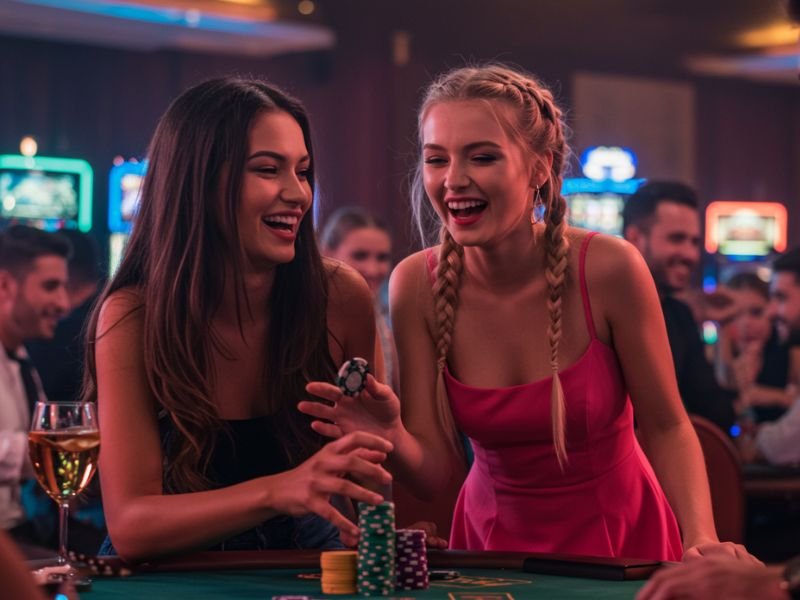 Friends enjoying a fun casino session together at Portal PAGCOR PH, placing bets and celebrating wins.