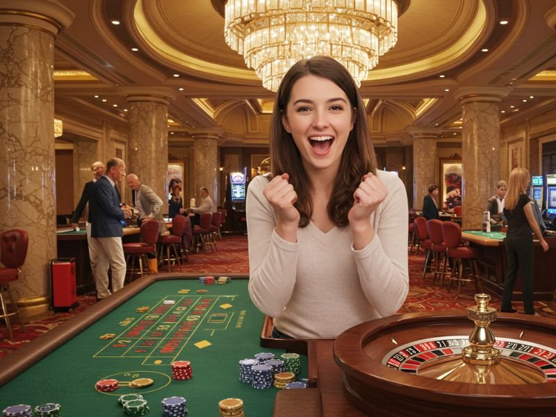 Girl happily playing Pusoy Go Online with colorful game interface on screen