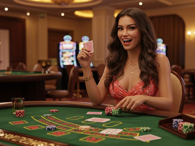 Hot girl playing cards at a casino table, enjoying a game of Pusoy Go Online with excitement and focus.