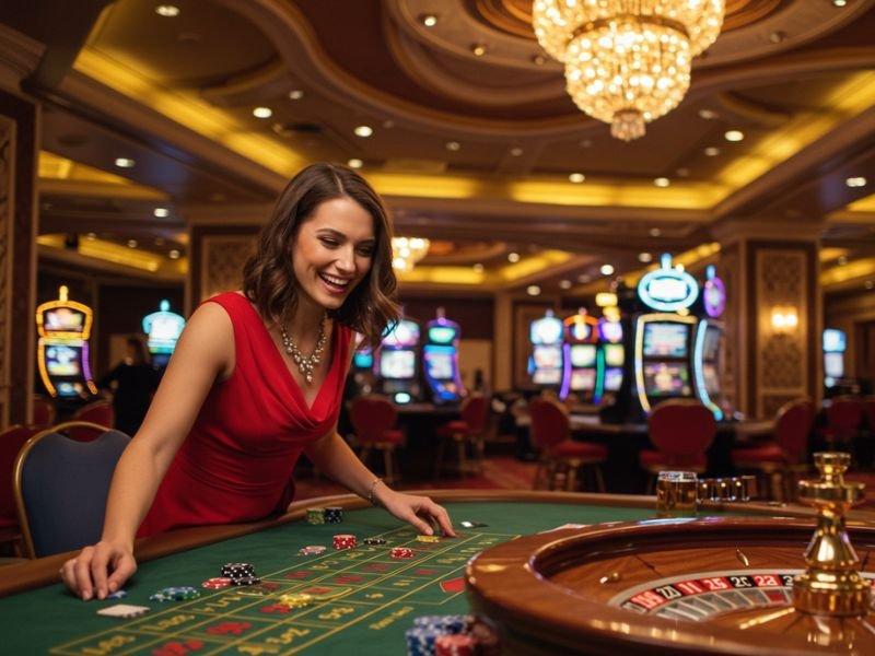 Happy girl in red hosting a lively Pusoy Go Online game with excitement and joy