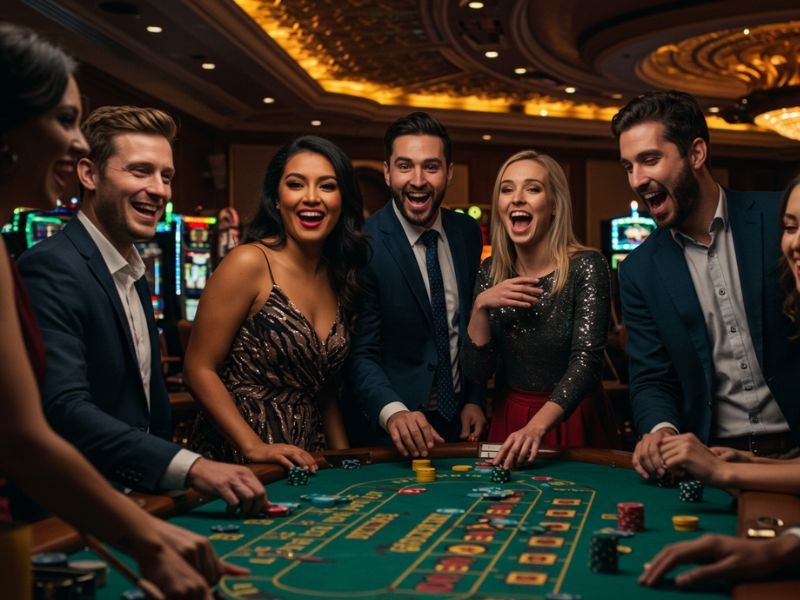 Girl and boys in formal outfits playing cards together in a casino using the pusoy online apk